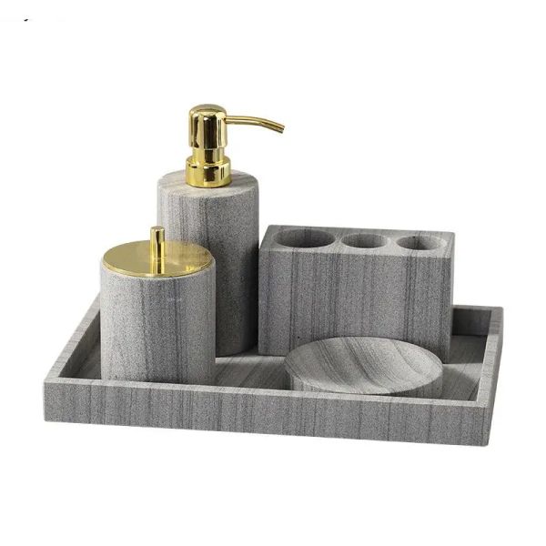 Soportes Suministros de baño Juego de baño de mármol Soporte de cepillo de dientes de lujo nórdico Jabonera Botella de loción/Accesorios de decoración de baño