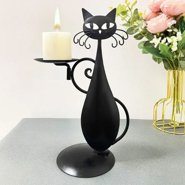 Black Black for Cat Candle Holder Vintage Candlestick Desktop Bandle Stand Decor for Farmhouse Party Centorpiece Decoration Cadeau