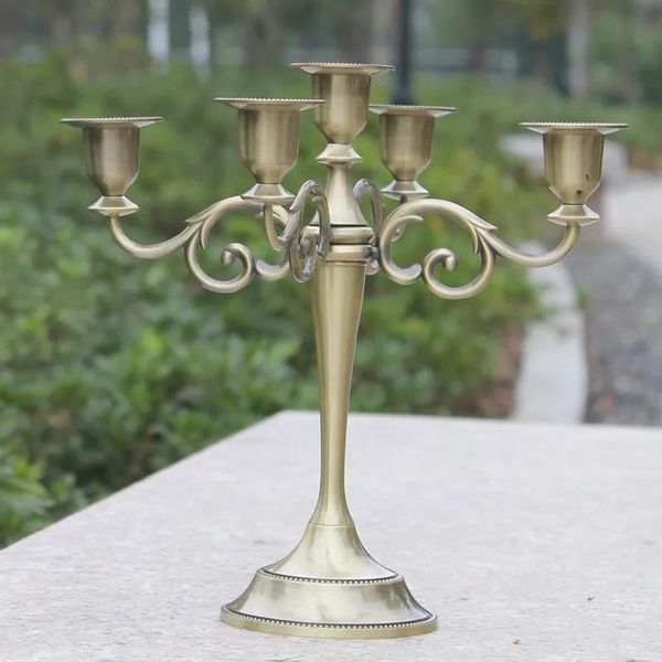 Portavelas de metal de bronce, soporte para velas de 5 brazos, candelabro para eventos de boda de 27cm de altura