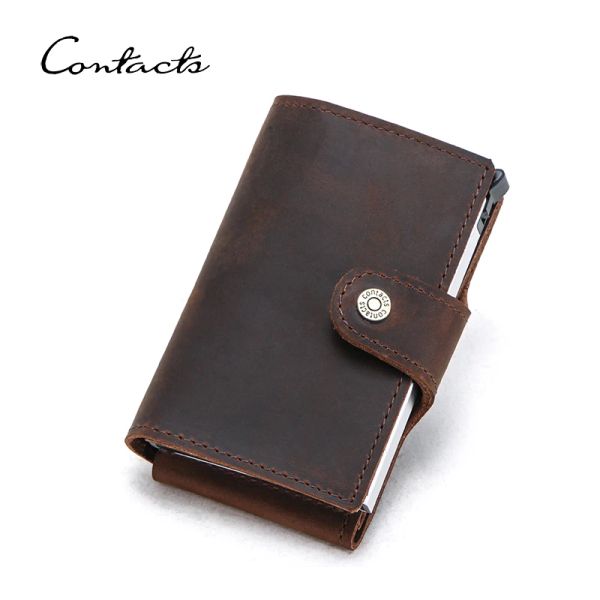 Holders Contact's Crazy Horse Leather Men Men Credit Carte Solder RFID Blocking Boîte en aluminium Mâle Male Automatic Pople Card Pocket