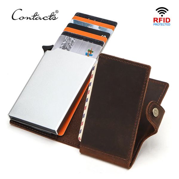 Holders Contact's RFID Blocking Crazy Horse Leather Men Men Credit Card Carte Boîte en aluminium pour les hommes Femmes Automatique Pop Up Card Case