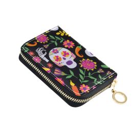 Holders Day of the Dead Skull Flower Pu Leather Mini Women Card Holder Cute Credit ID Card Holders Zipper Wallet Case Change Coin Purse