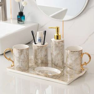 Houders Europese Marmer Keramische Lotion Fles Tandenborstelhouder Badkamer Accessoires Set Kopje Zeepbakje Shampoo Dispenser Fles Decor