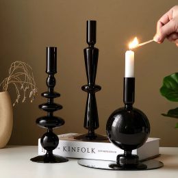 Holders Europestyle Black High Foot Glass Candlers Creative Creative Candlestick Home Office Decoration Birthday Gift