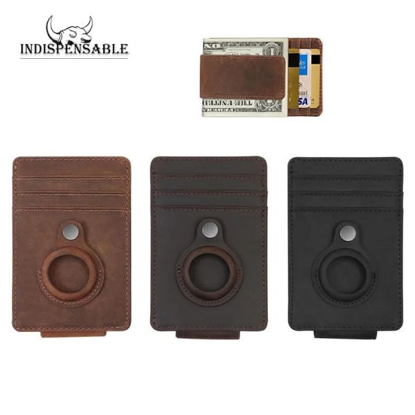 Holders Geothine Leather RFID Airtag Titanium portefeuille RFID Men's Air Tag Portefeuille Carte de carte Métal Clips Met Sorme Purse Luxury Brand VIP