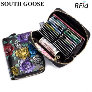 Houders echte lederen vrouwen RFID creditcardhouder grote organisator Pouch Rose Embossed Female Business Card Case Coin Purse Wallets
