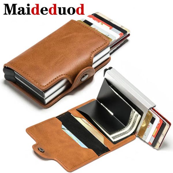 Holders Maideduod New PU Leather Credit Card Holder New Aluminium Double Card Harder Men and Women RFID RFID Vintage Travel Card Wallet