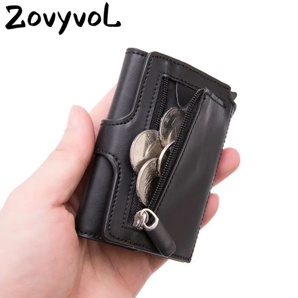 Holders Men en cuir portefeuille RFID Bouton de crédit Cartes Holder Metal Metal Aluminium Auto Popup RFID Blocking Id Card Card Black Wallet Coin Purse