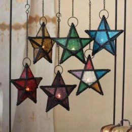 Houders Marokkaanse kleurglas windlamp aromatherapie kaarsenhouder tuin terras decoratie huizendecoratie metaal vijfpuntige ster