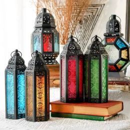 Holders Morocco Handheld Iron Wind Lampe Candlestick Colored Glass Home Office Courtyard Decoration Iron Art Holder