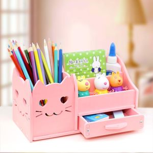 Houders multifunctionele 4 rooster desktop penhouder kantoor schoolterreinen opslagcase houten doos bureau pen potlood organisator telefoonhouder