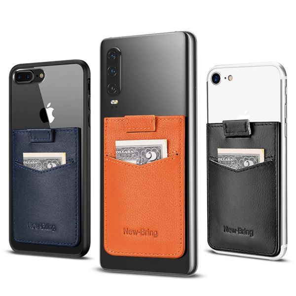 Titulares Newbring Ultra Slim Genuine Leather Universal Back Id Card Card Tutor para Teléfono Comercial Credit Pocket 3M Adhesivo Case adhesiva Etiqueta