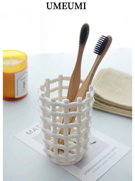 Porte-brosse à dents en céramique blanche, tissage nordique, seau de rangement de dentifrice, design créatif, maison simple et moderne