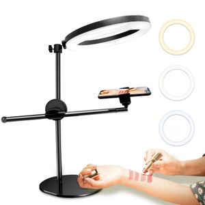 Houders Telefoonstatief met 10'' Ringlicht Overhead Tafelbladstandaard met telefoonhouder voor Live Stream/Make-up/YouTube/TikTok/Nail Art