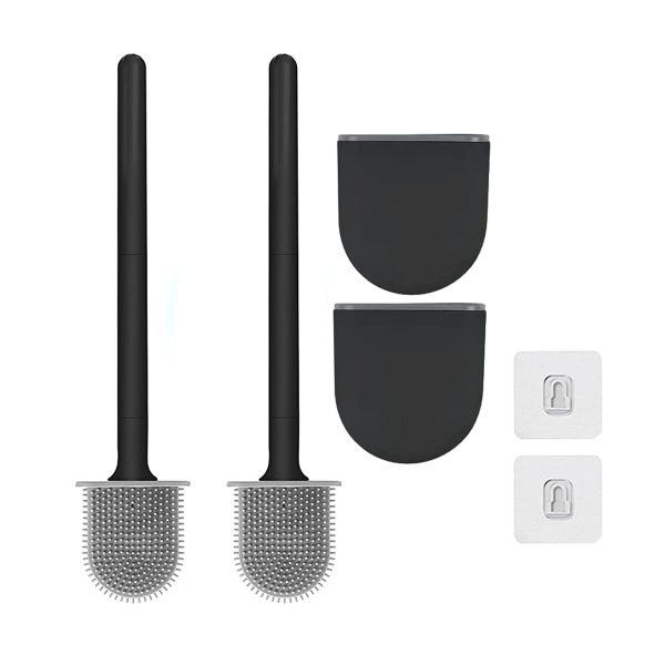 Holders Brussages de toilette premium Holders 2 pack Wallmountned (sans forage trous) Nettoyer en silicone Brosse de toilette en silicone en silicone noir