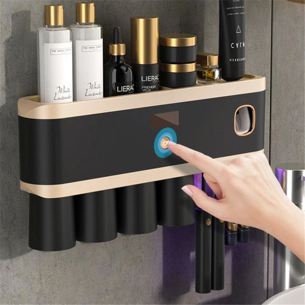 Soportes para cepillos de dientes UV sin perforaciones, dispensador de pasta de dientes, energía solar, caja de almacenamiento para cepillos de dientes, juego de accesorios para el baño del hogar, color negro