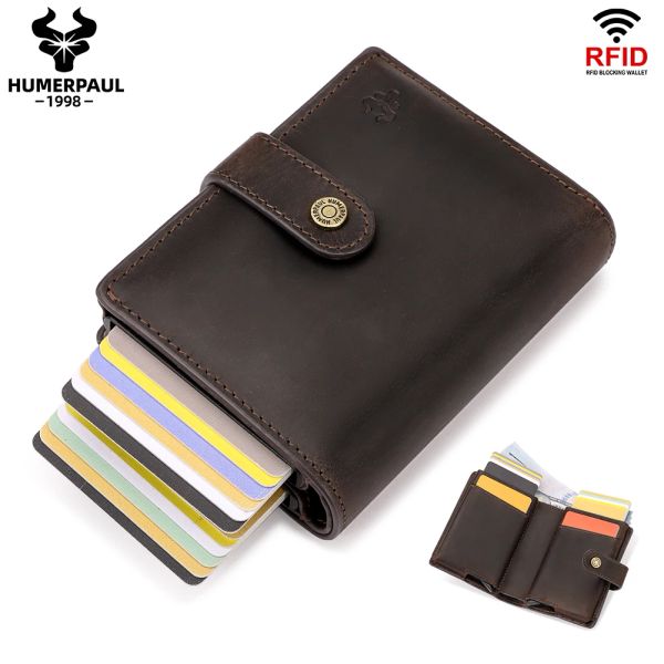 Holders RFID Double Credit Card Habilleur Crazy Horse Horse Cuir Automatic Push Smart Wallet for Cards and Coins Security Aluminium Purse