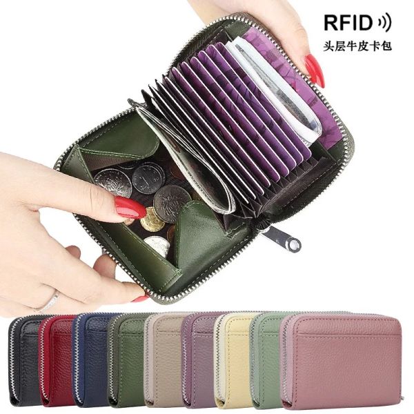 Holders RFID Men's Men's Bloked Credit Carte, fermeture à glissière autour de Coin Purse, véritable mini-portefeuille en cuir pour femme portable