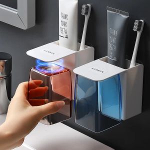 Soportes Simple y transparente soporte para cepillo de dientes montado en la pared estante de almacenamiento de pasta de dientes organizador de baño accesorios conjunto de herramientas