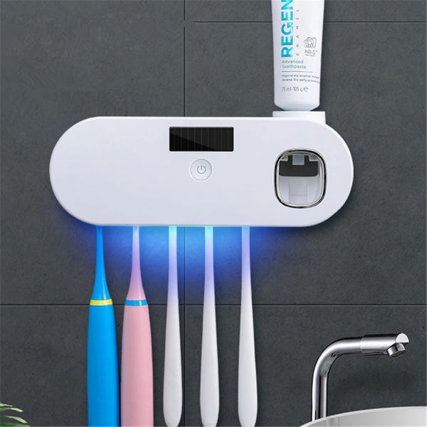 Soportes para cepillo de dientes con energía Solar, dispensador de pasta de dientes UV, caja de almacenamiento para cepillos de dientes para baño, soporte de almacenamiento multifunción con carga USB