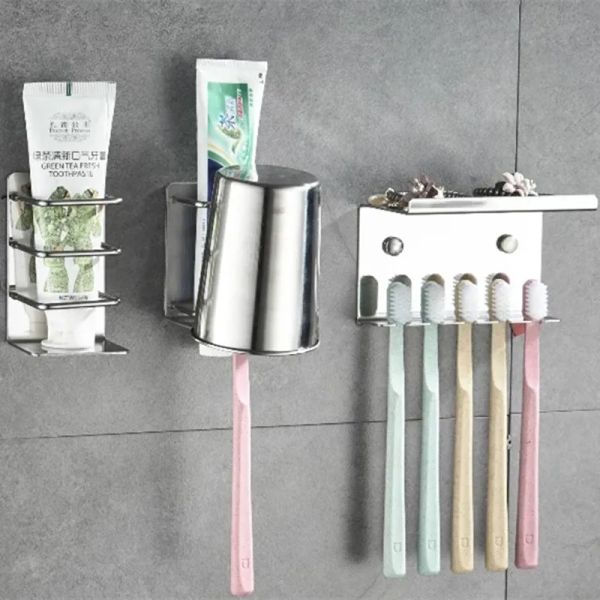 Supports muraux en acier inoxydable pour salle de bain, support de rangement polyvalent pour dentifrice et brosse à dents, porte-gobelet adhésif sans trace