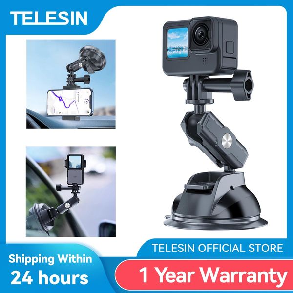 Soportes Telesin Car Phone Action Camera Holder Ventosa 360 Ajustable 1/4 Adaptador estándar para Gopro Insta360 Dji Action Smart Phone