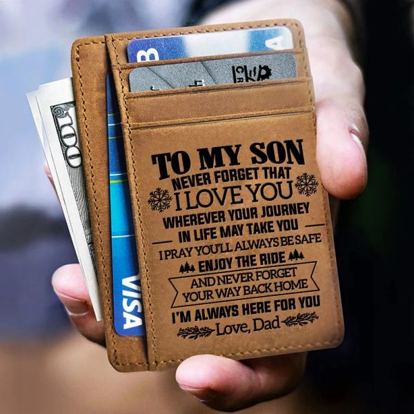 Bollants à mon fils fille mari man garçon authentique support de carte en cuir de cavare de poche avant portefeuille d'anniversaire d'anniversaire cadeau kb