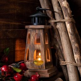 Houders vintage houten kaarsenhouder donker carbon grijs vuurtoren kandelaar plank handgemaakte ambacht festival feestbenodigdheden home decor