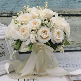 Bouquet de roses artificielles naturelles pour mariage, avec ruban en Satin de soie, pour demoiselle d'honneur, fête nuptiale, 2081