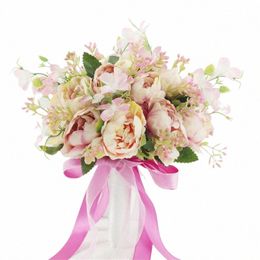 vaste kunstmatige natuurlijke pey bruiloftsboeket met zijden satijnen ribb roze witte champagne bruidsmeisje bruidsfeest u38s#