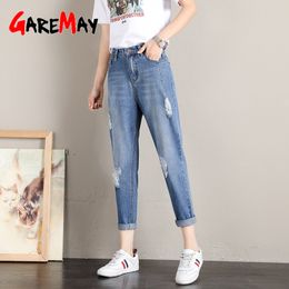 Trou petit ami jean pour femmes taille haute ample déchiré femme Vintage cheville longueur Harem femme décontracté Denim pantalon 210428