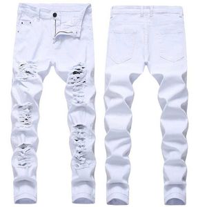 Trou Denim Mens Tide Brand Ruined Hole Jean Slim All-Match High Street Hip Hop Pantmènes Rouge Blanc de grande taille