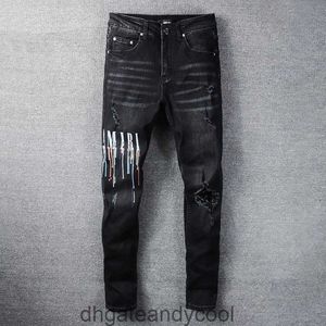 gat Denim oude Amirres Jeans geborduurd Designer gemaakt Broek Man zwarte letter splash-inkt elastische slanke jeans heren high street fashion merk MX2 44F1