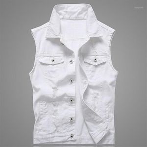 Chaleco vaquero con agujeros para hombre, chaleco vaquero blanco, chalecos de roca sólida para hombre, moda de verano, chaqueta sin mangas 5xl Punk Biker Ripped1211l