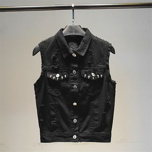 Hole Rivet Black denim Vest voor dames jeans veste femme casual mouwloze jas met één borsten pocket vrouwelijke vesting wit 201102 e