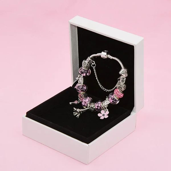 Cadeau de vacances et surprise de la Saint-Valentin - Nouveau bracelet à pendentif tour de charme pour bracelet élégant en perles de platine pour femme avec boîte d'origine