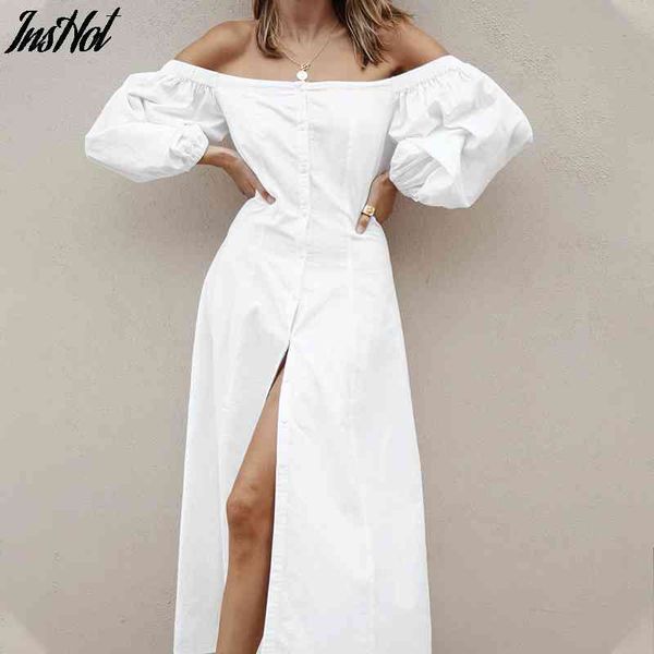 Vacances haute Split femmes robe été coton a-ligne manches bouffantes Maxi robe blanc hors épaule Vestidos pour dames 210514