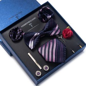 Cadeau de vacances cravate mouchoir carrés de poche ensemble de boutons de manchette boîte à cravate rayé bleu foncé poisson d'avril 240314
