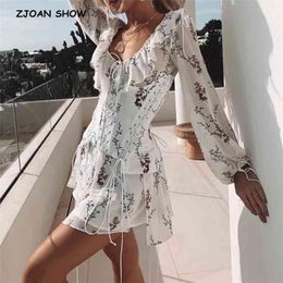 Vacances à volants col en V laçage bandage dentelle taille robe florale boho femmes noué arc robes à manches longues sexy femme robes 210715