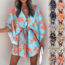 Holiday Style Dresse Sexy Vneck Batwing Sleeve Laceup Fashion Imprimé Robe Summer plage causal Half Short 240506