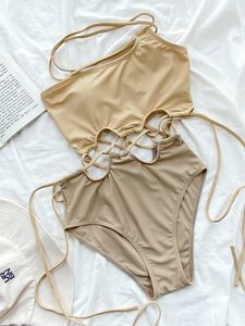 Holle bikini set gesneden een stukjes zwempak vrouwen trekstring Monokini 2024 beige badpak sexy badmode strand bodysuits klaar voor bouillon