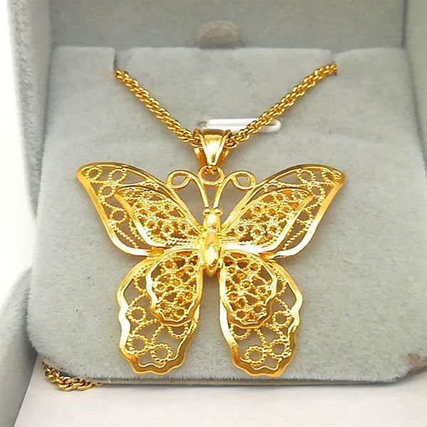 Collar de cadena con colgante de mariposa hueca, filigrana rellena de oro amarillo de 18k, joyería grande Gift272E