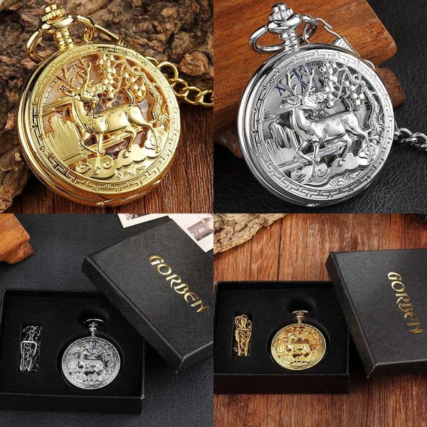 Modèle de cerf doré creux montre mécanique de poche vintage double côté steampunk fob horloge collier mâle chaîne femmes hommes 240103