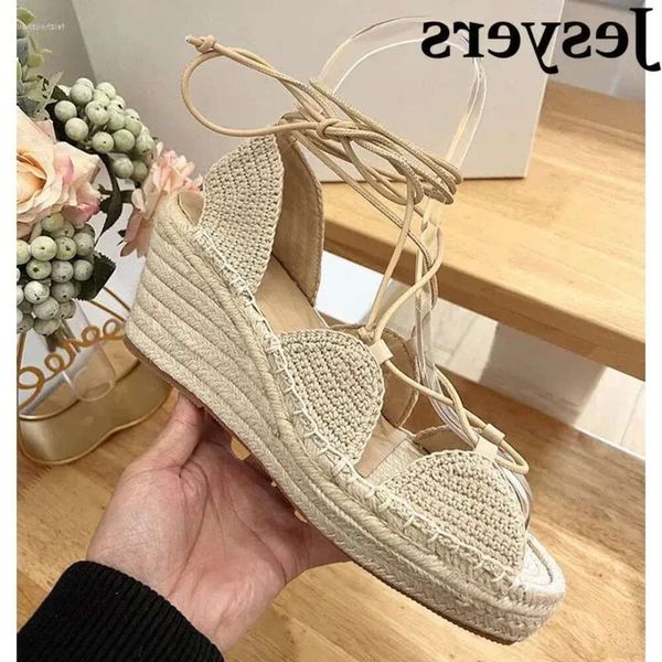 Sandales à bout ouvert en tricot en tricot creux Out Cross Sangle de la cheville Femmes Slope Talons polyvalents Roman Sandalias Daily Commuter Chaussures 910 D E63E