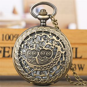 Hollow Lovely Owl Design Bronze Quartz Pocket Horloge Vintage Ketting Hanger Ketting Mannen Vrouwen Kinderen Reloj de Bolsillo