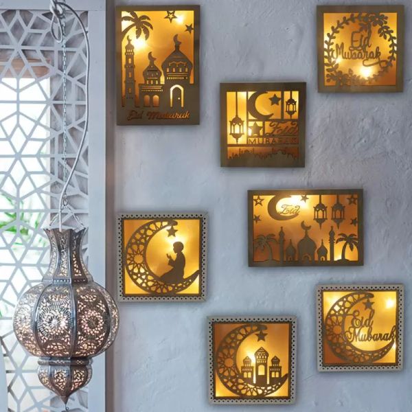 Patrón de luna hueca Pegatinas de pared Luz LED Lámpara de bricolaje de madera para Ramadán EID Mubarak Islam Artesanía musulmana Decoración del hogar Suministros para fiestas