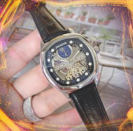 Hollow Moon Sun Skeleton Automatic m￩canical Mothatic Mething 43mm 2813 Mouvement V￩ritable ceinture en cuir auto Winding President Retro Limited Edition Montres