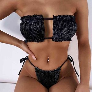 Hollow Out Bandage Fruncido Bandeau Bikini Sexy Negro Super Micro Backless Low Cut Tanga Traje de baño Mujeres 2 Piezas Brasileño 210604