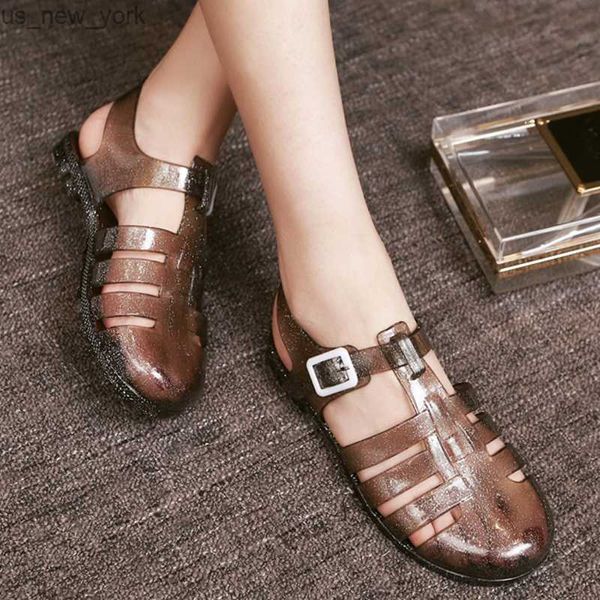 Hollow Out Bling Rainproof Jelly Sandals Womens Summer Candy Shoes Mujer Zapatillas Cover Toe Flats Femmes Sandalias Pvc Sandalias L230518