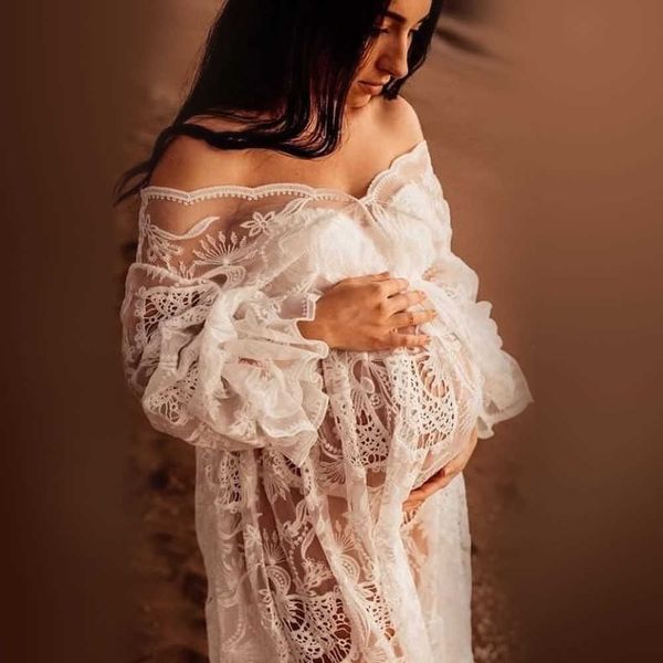Robe de maternité en Crochet ajourée, pour séance photo, col en v, robes enceintes, vêtements de photographie